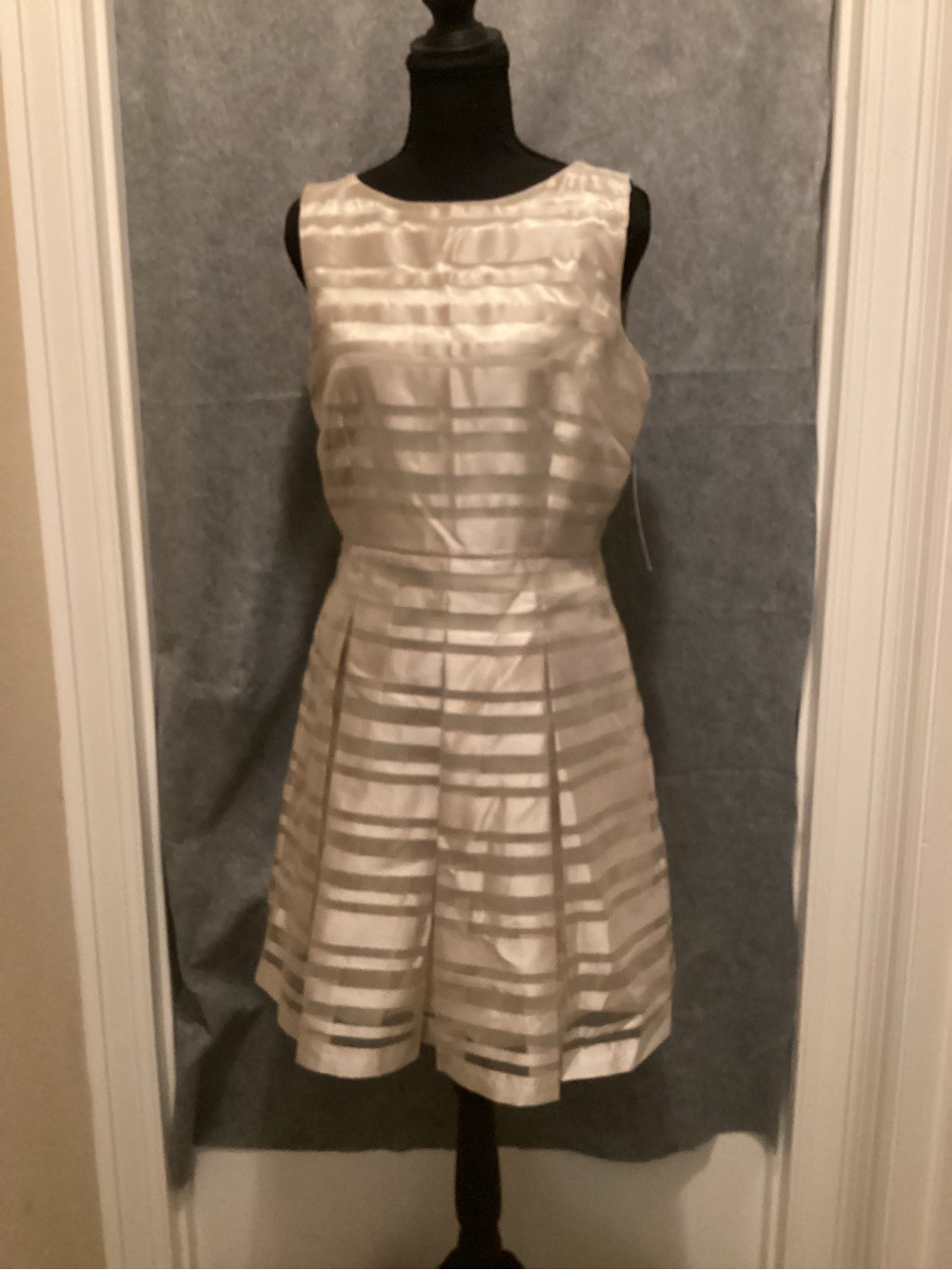 C47. Tahari Champagne Striped Satin Fit-and-Flare Mini Dress